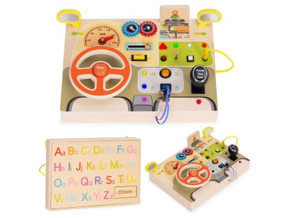 Drewniana tablica manipulacyjna LED sensoryczna dla dzieci panel edukacyjny auto kierownica 14 elementów