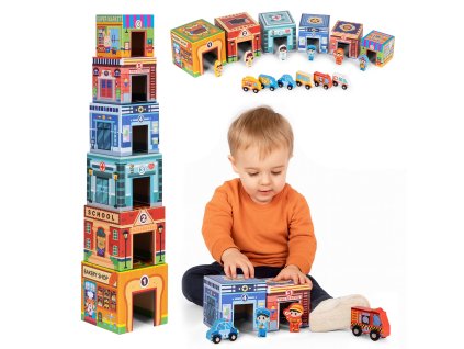 Drevené mesto – veža, figúrky a autíčka (18 dielov)