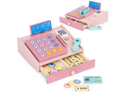 Drevená detská pokladňa so skenerom a kartou