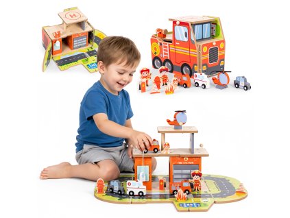 Drevená hasičiarska remíza 2v1 s autami a figúrkami