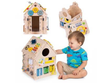 Drevený manipulačný domček XXL s edukačným panelom: 30 aktivít, pre deti 3+