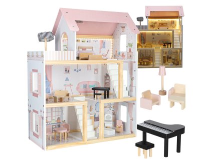 Domek dla lalek drewniany mebelki 80cm roz LED 178908