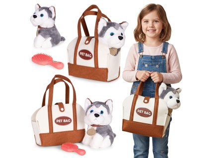 Plyšový pes husky maskot pre dieťa + kefa na starostlivosť