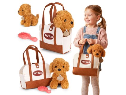 Plyšový pudel hnedý pes v taške detský maskot + kefa na starostlivosť