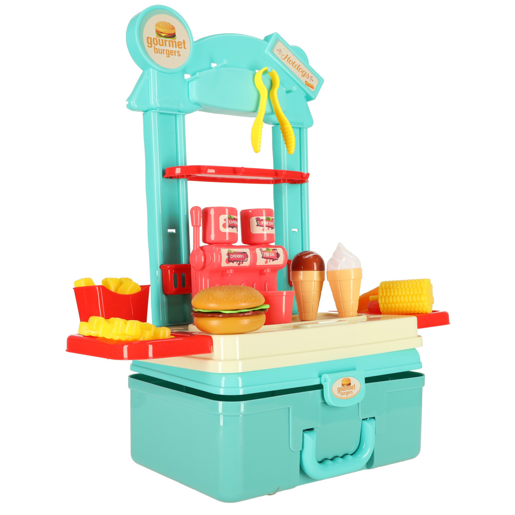 Detská kuchynka v kufríku fast food hamburger set zmrzlina hranolky 55cm
