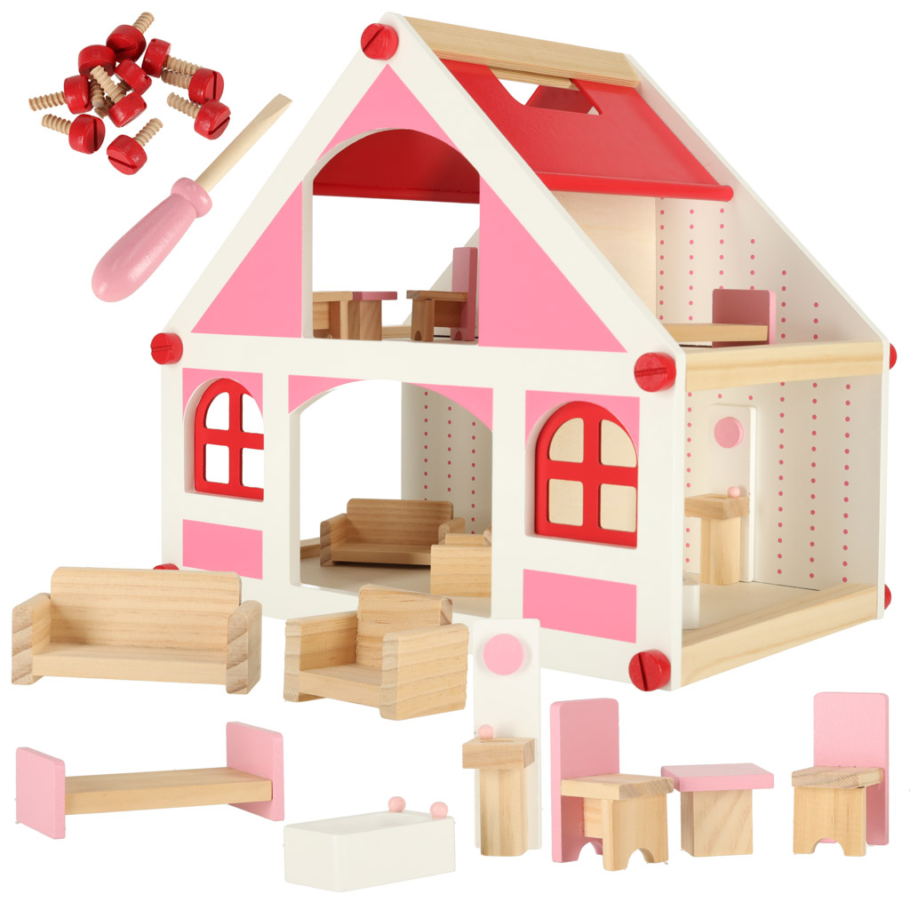 Drevený domček pre bábiky bielo-ružový + nábytok 36cm