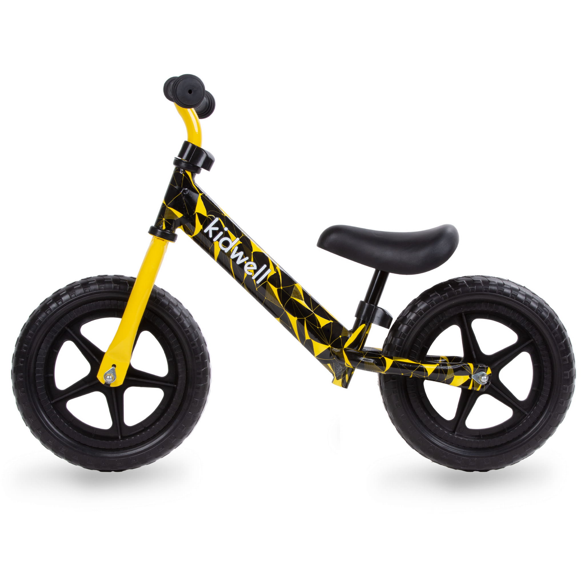 Detský balančný bicykel Kidwell REBEL 12", žlto-čierny, ľahký 2,64 kg