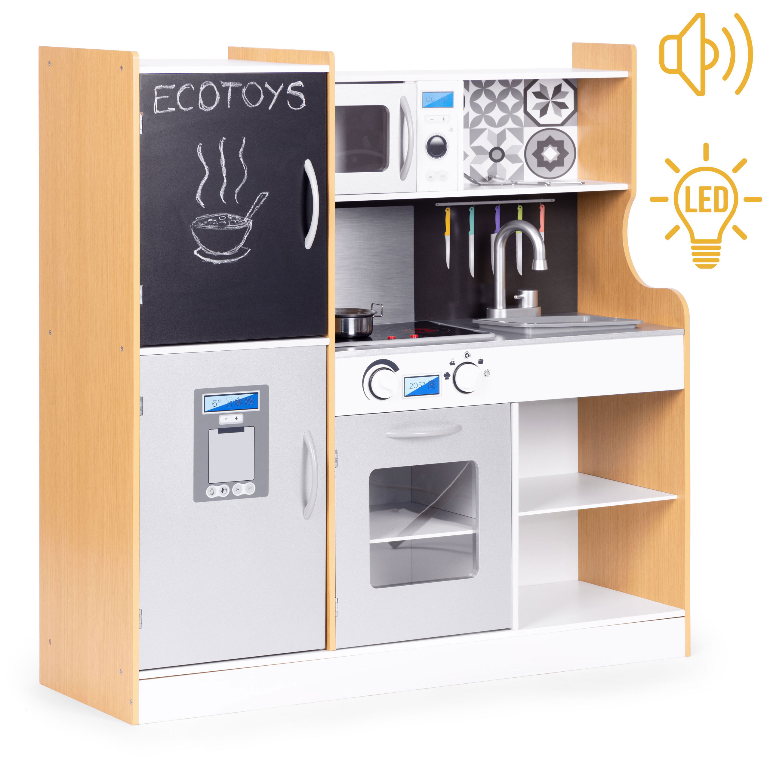 Detská kuchynka so zvukom a LED tabuľou kovové doplnky MDF +3 roky ECOTOYS