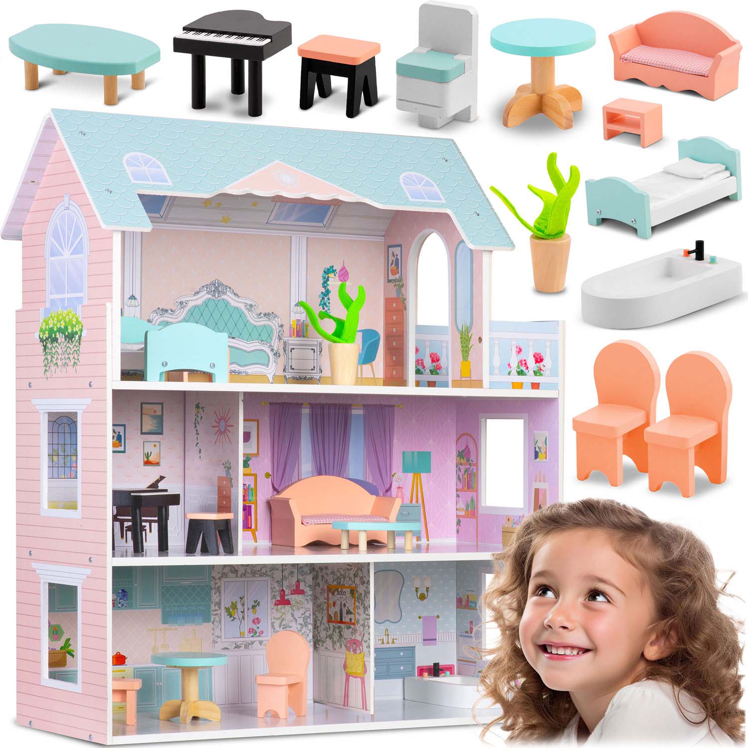 Veľký 3-poschodový drevený domček pre bábiky Ricokids RK-878