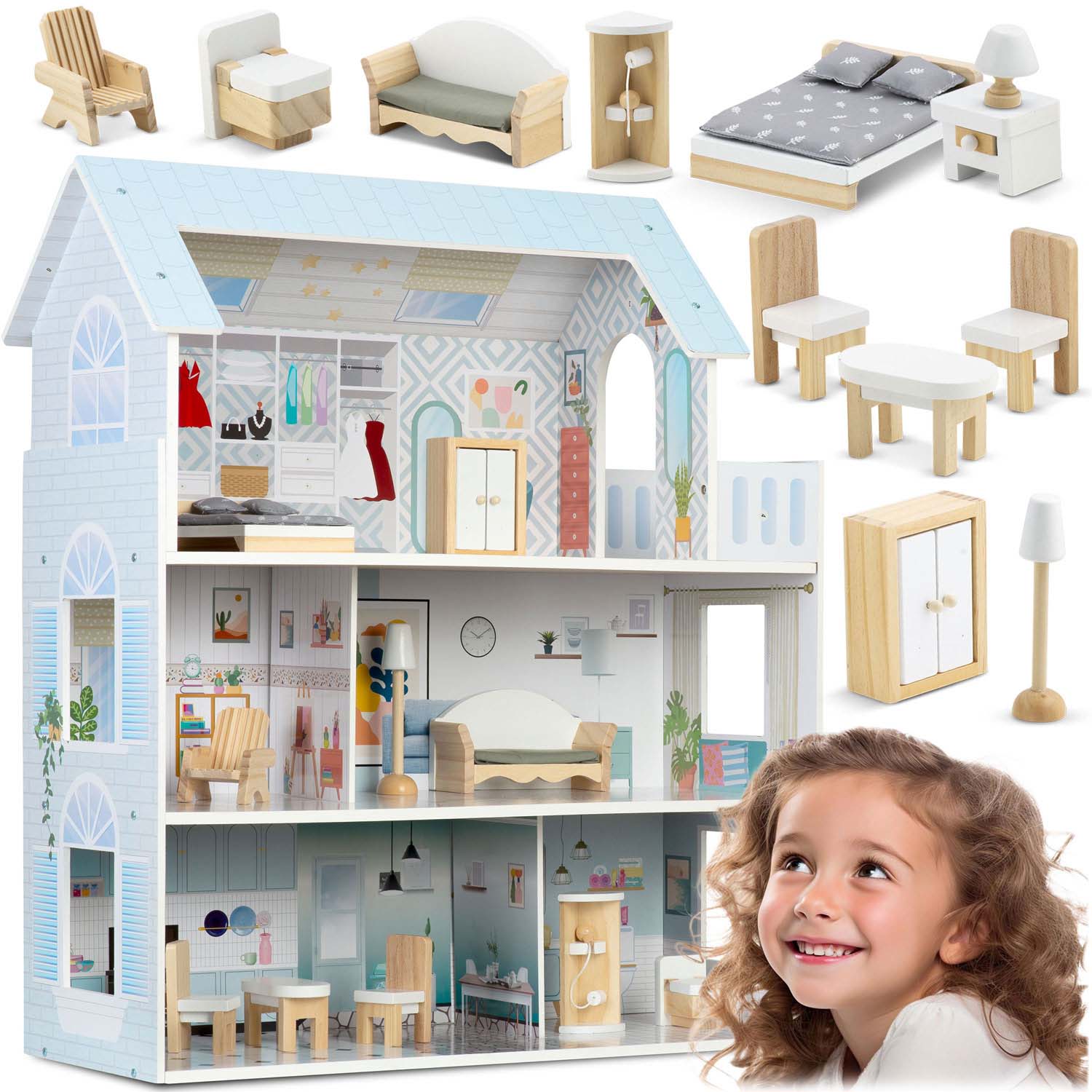 Veľký 3-poschodový drevený domček pre bábiky Ricokids RK-878