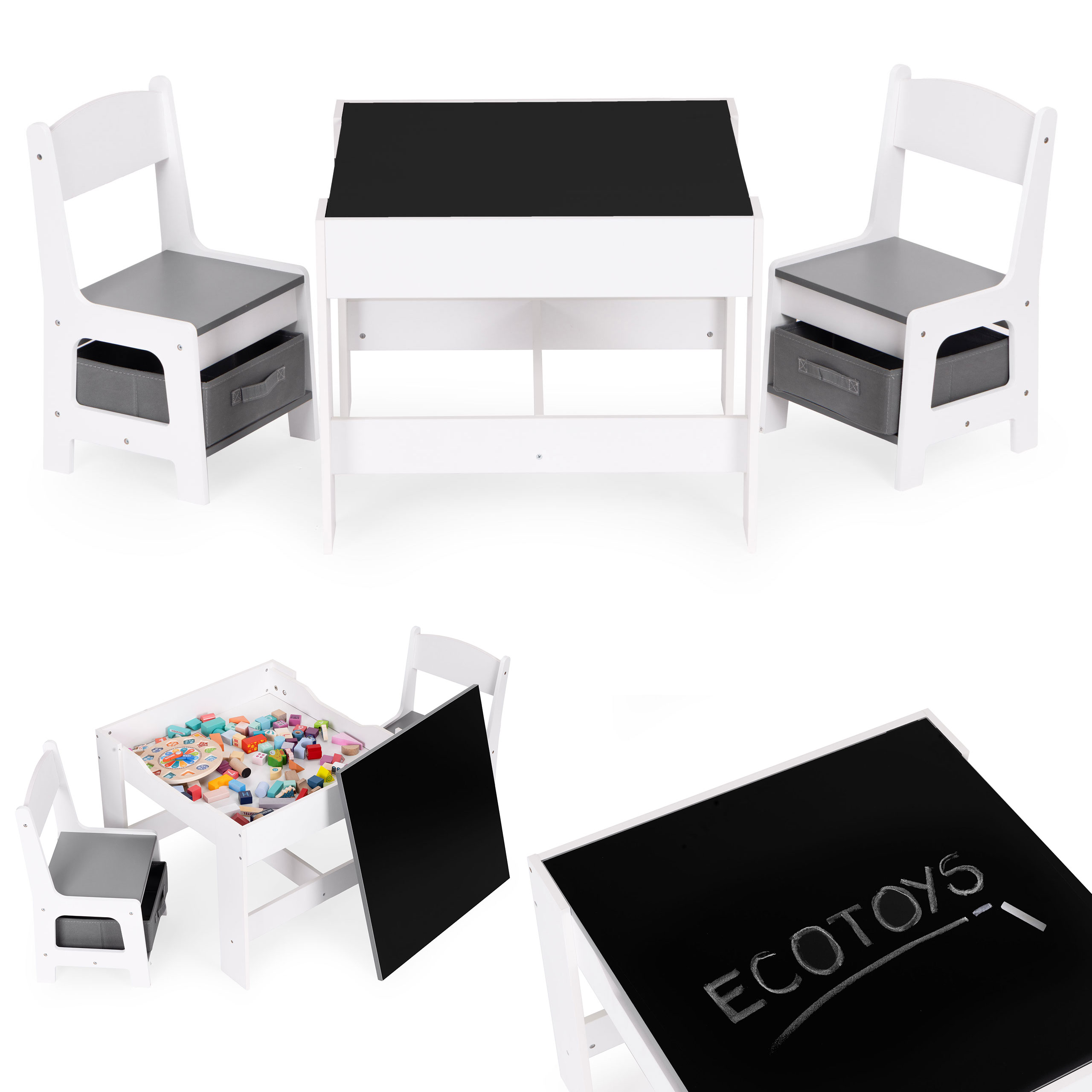Detský set: stolík s tabuľou + 2 stoličky ECOTOYS