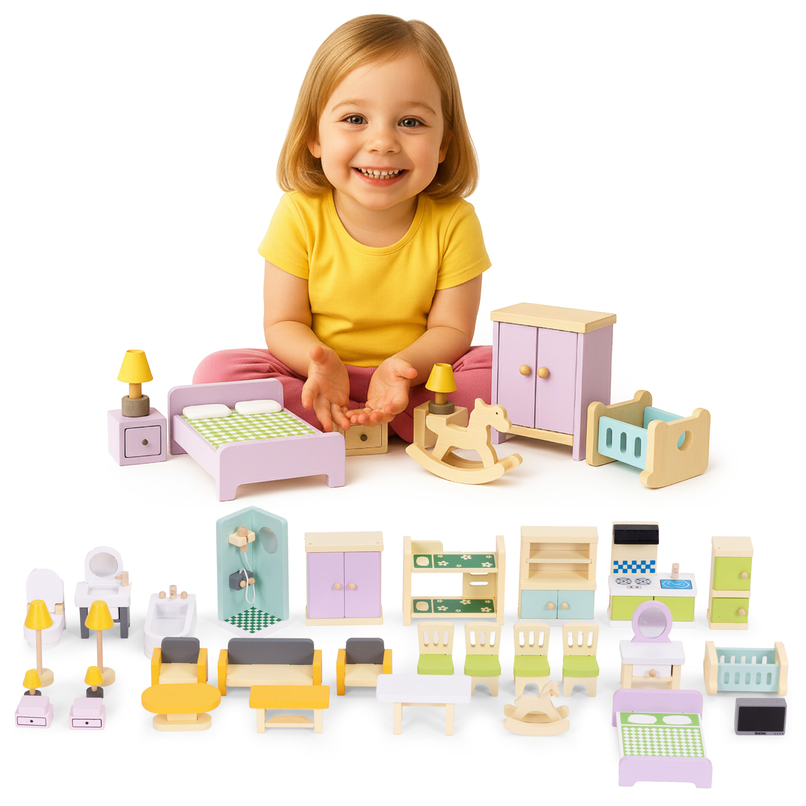 Drevené doplnky do domčeka pre bábiky sada 30 kusov