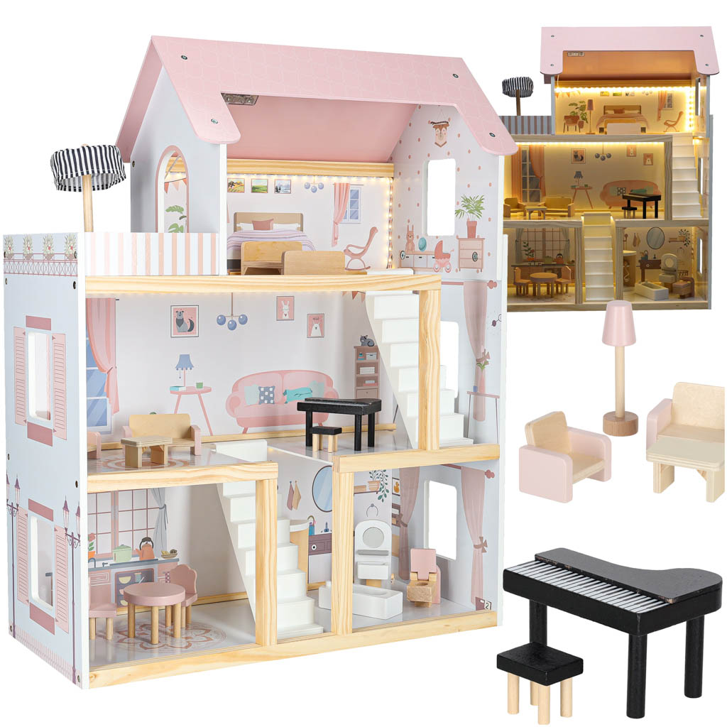 Drevený nábytok do domčeka pre bábiky 80cm ružový LED