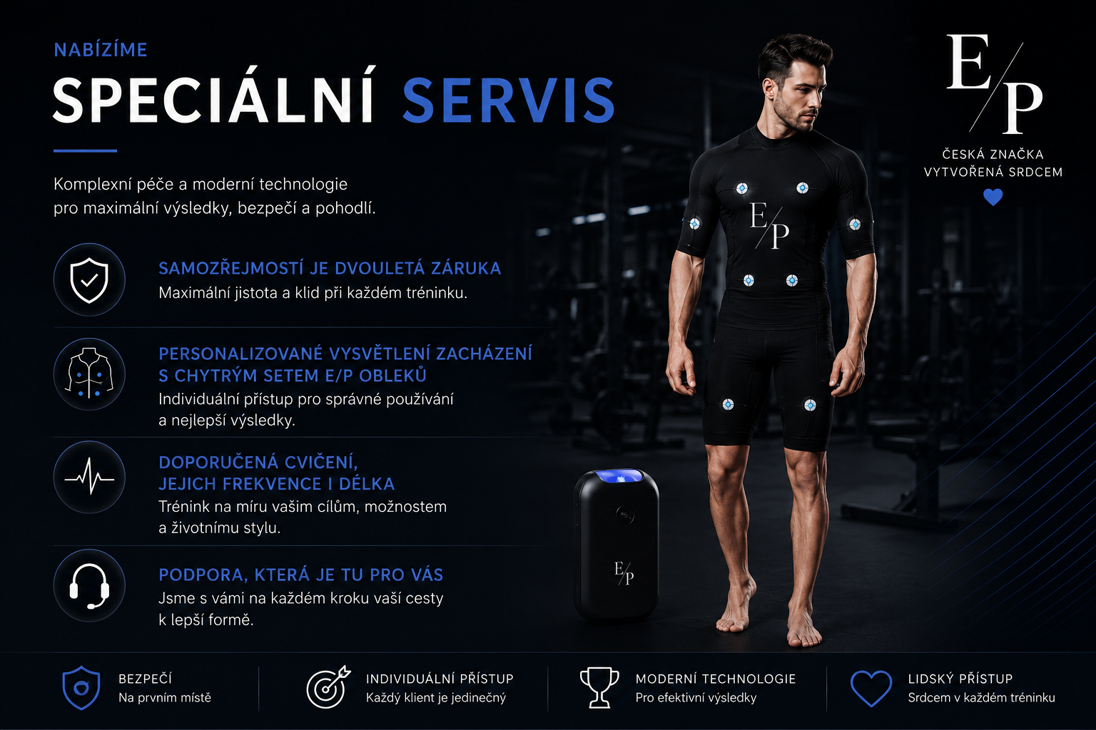 Realistický fitness banner zobrazující muže v černém EMS obleku E/P s viditelnými chytrými senzory. Vedle něj stojí moderní ovládací jednotka E/P. Pozadí tvoří profesionální fitness prostředí. Levá část obsahuje text o speciálním servisu, dvouleté záruce,