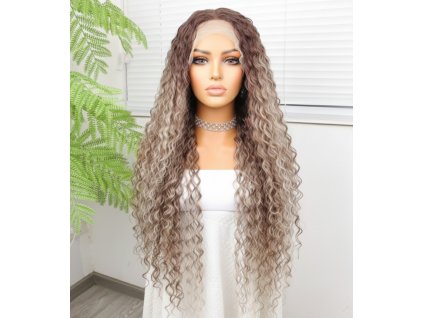 Elvina - dlouhá lace front blond hnědá s melirem kudrnata paruka