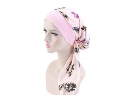 Šátek na hlavu -  růžový s peřím
