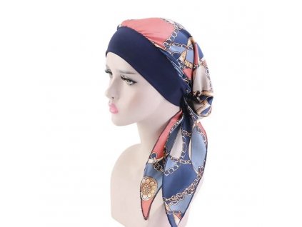 Šátek na hlavu -  tmavo modrý se vzorem
