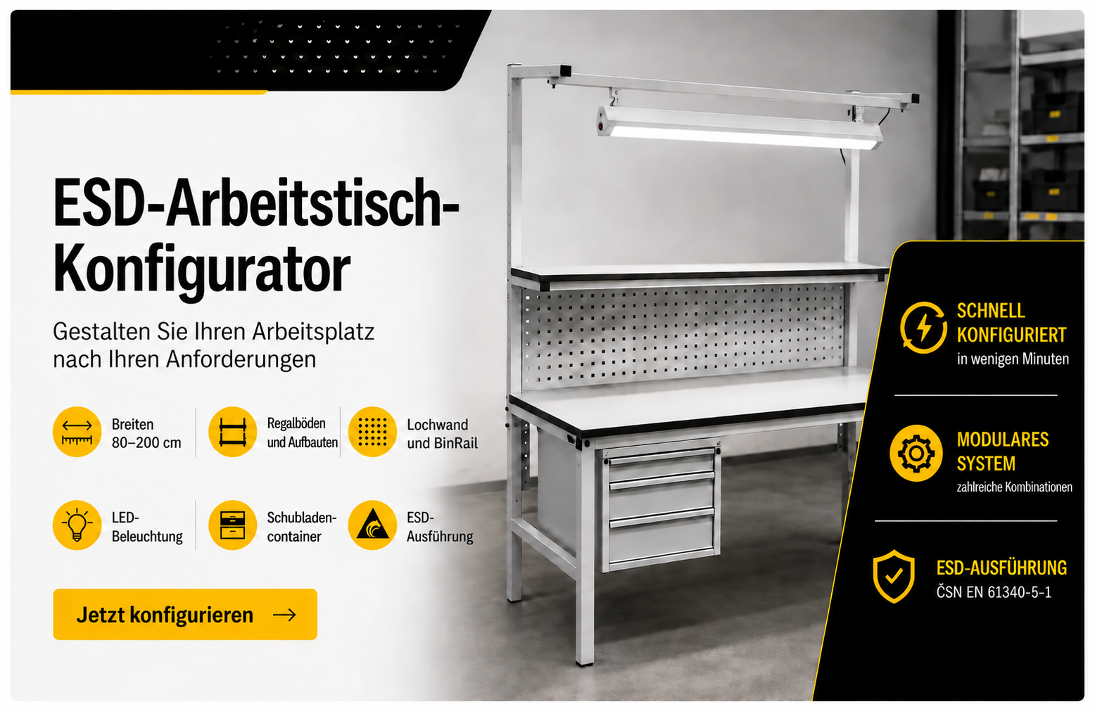 ESD-Arbeitstisch-Konfigurator – Maße und Ausstattung wählen