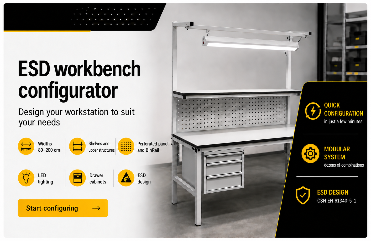 ESD workbench configurator – choose dimensions and equipment