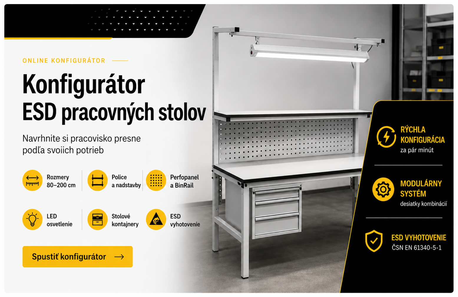 Konfigurátor ESD pracovných stolov – výber rozmerov a vybavenia