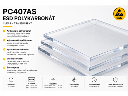 ESD polykarbonát PC407 AS – 2000 × 1000 mm