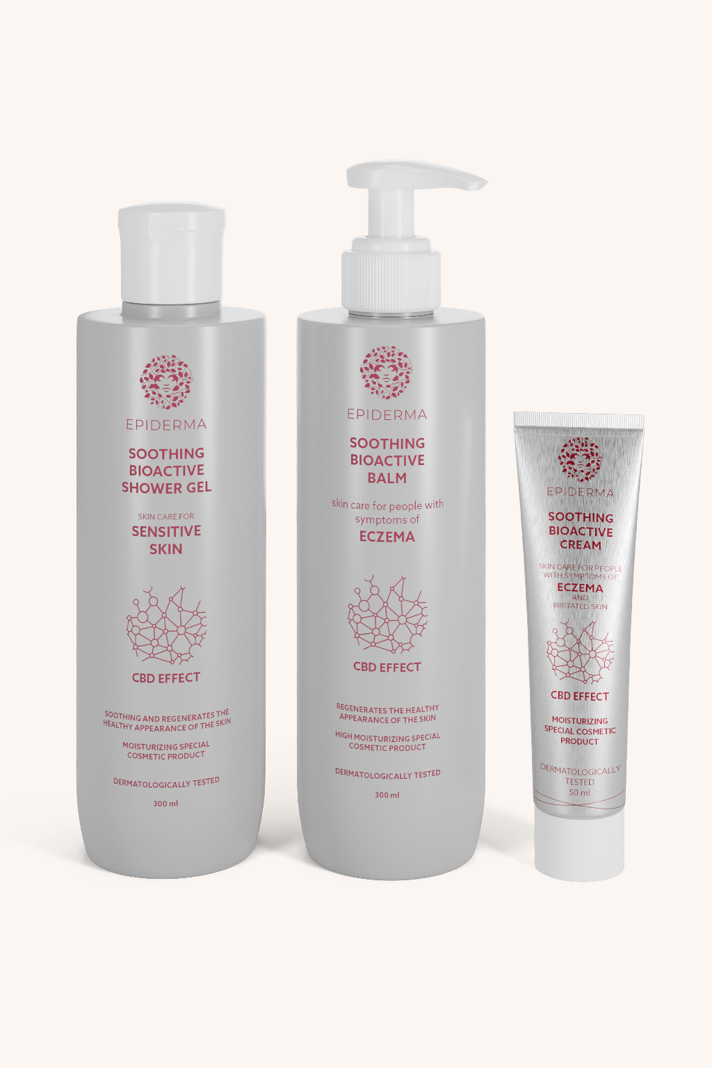 EPIDERMA® Bioaktivní kosmetika CBD balzám při ekzému 300 ml + CBD krém při ekzému 50 ml + CBD sprchový gel při ekzému 300 ml sada