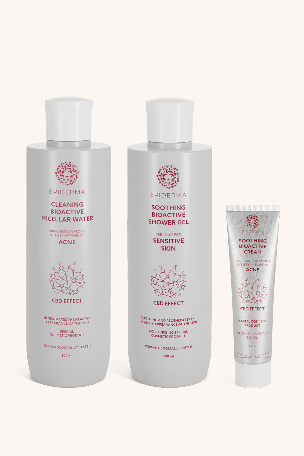 EPIDERMA® Bioaktivní micelární voda při akné 300 ml + krém při ekzému 50 ml + CBD sprchový gel 300 ml + krém při akné 30 ml sada