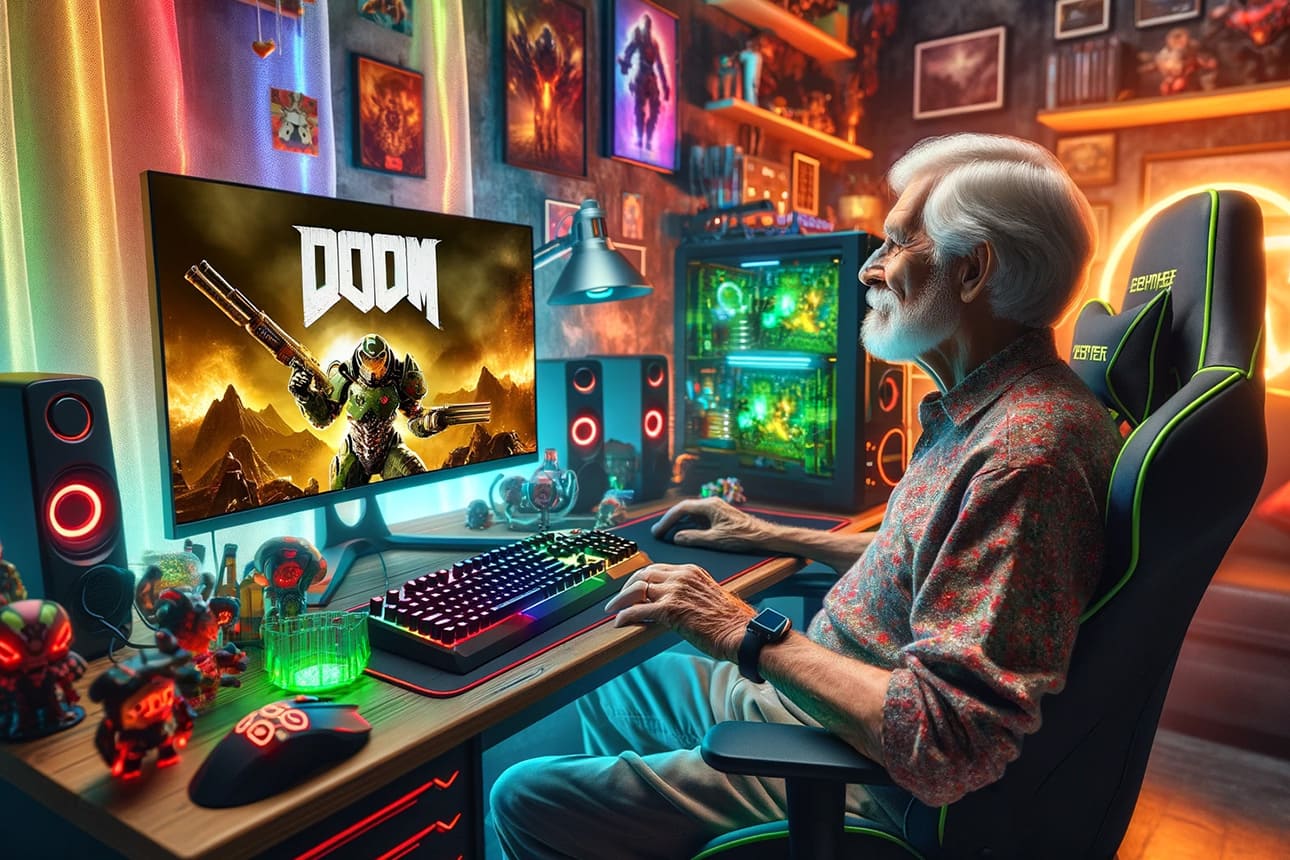 senior hrající na počítači