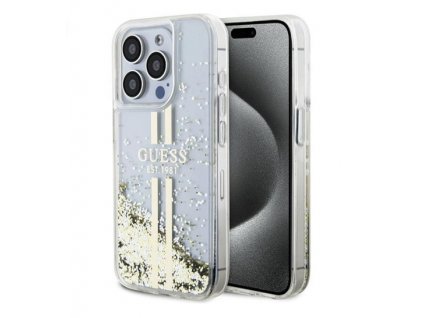 Screenshot 2024 05 10 at 10 37 31 Guess GUHCP15LLFCSEGT Apple iPhone 15 Pro hardcase Liquid Glitter Gold Stripes transparent