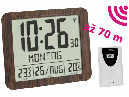 TFA 60.4518.08 | DCF nástěnné hodiny s bezdrátovým čidlem teploty | čeština pro datum a den, imitace dřeva
