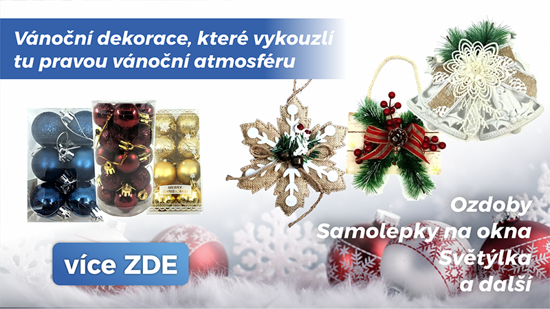 Vánoční ozdoby, samolepky na okna, světýlka a další.