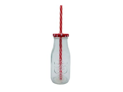 Sklenice s víčkem a brčkem 300ml - červená