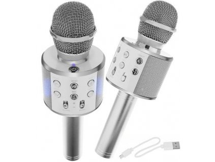 Karaoke mikrofon s reproduktorem a bluetooth - stříbrný