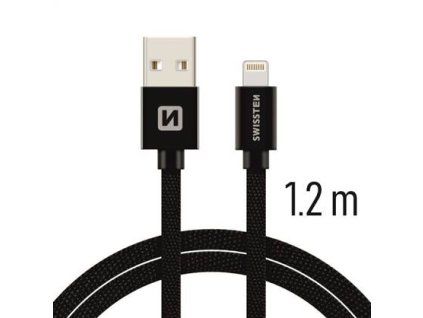 Černý textilem opletený kabel Swissten s konektory USB na Lightning v délce 1,2m