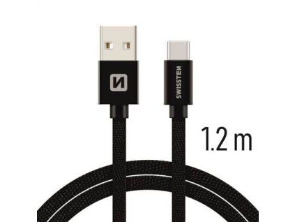 Černý textilem opletený kabel Swissten s konektory USB na USB-C v délce 1,2m