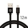 Černý textilem opletený kabel Swissten s konektory USB na Lightning v délce 1,2m