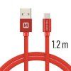 Červený textilem opletený kabel Swissten s konektory USB na USB-C v délce 1,2m