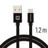 Černý textilem opletený kabel Swissten s konektory USB na USB-C v délce 1,2m