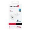 Bílá USB rychlonabíječka Swissten s výkonem 20W a konektory USB-A i USB-C
