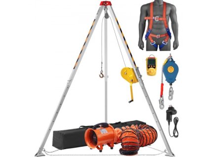 Sada stativu pro stísněný prostor , naviják 2600 lb, stativ pro stísněný prostor 8' nohy a 98' kabel, stativ pro záchranu stísněného prostoru 32,8' ochrana proti pádu, postroj, foukač, taška pro tradiční stísněné prostory