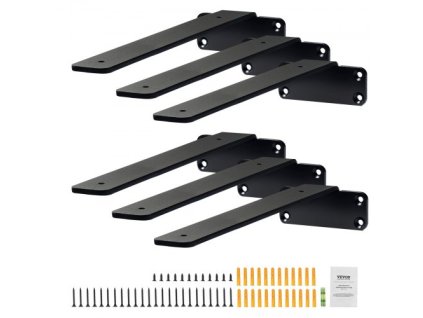 Držák police , 12”D x 4”Š x 1,6”V 6 ks, Plovoucí držáky polic pro těžký provoz, Držáky pro police, 5mm tlustý matný černý L policový držák, ocelové policové držáky s nosností 160 liber