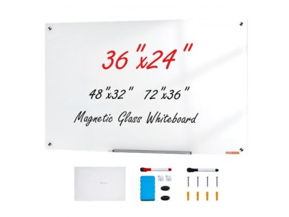 Magnetická skleněná tabule , tabule pro suché mazání 36" x 24", nástěnná velká bílá skleněná tabule bez rámu, se zásobníkem na značky, gumou a 2 popisovači, bílá