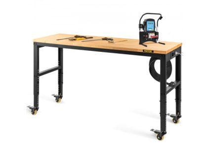 Pracovní stůl Nastavitelná výška, 122 cm Š x 51 cm H x 104 cm V Garážový stůl s výškou 79 – 104 cm a kapacitou 720 kg, s elektrickými zásuvkami a deskou z tvrdého dřeva a kovovým rámem a otočnými kolečky, pro kancelářskou domácnost
