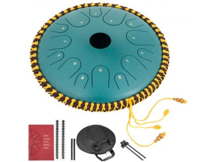 Tongue Drum 14 Notes Dish Shape Buben 14 palců Dia. Ruční perkuse Ocelové jazýčky z čisté mědi 14 poznámek Ocelový ruční buben s provazovým zdobením a paličkami, taška, hudební kniha, minerální zelená