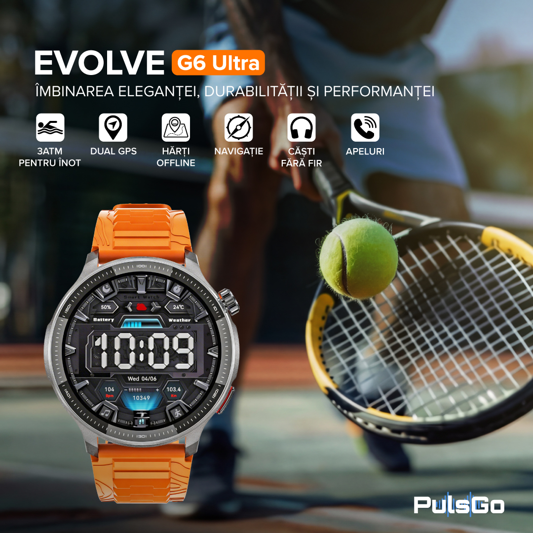 Ceas smartwatch EVOLVE G6 Ultra, ecran AMOLED, apeluri, hărți offline, navigație, memorie 4 GB, GPS dual, rezistență IP69K, certificare MIL-STD-810H, Gorilla Glass, busolă, 170 de moduri sportive