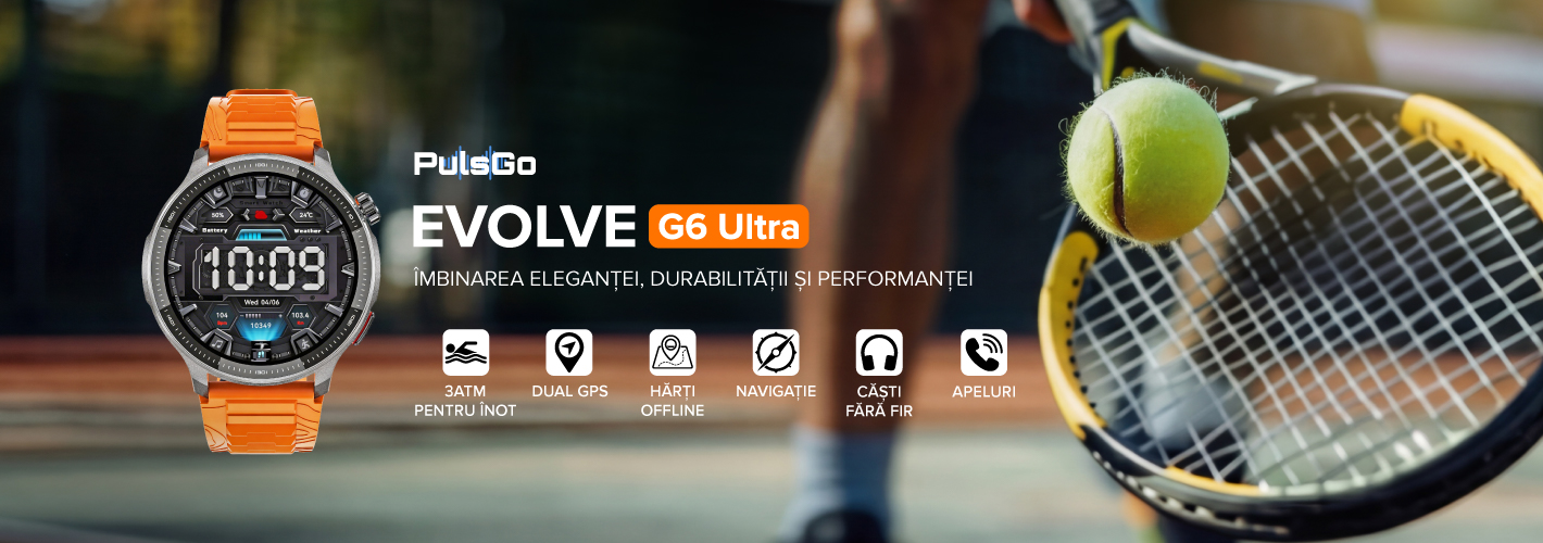 Ceas smartwatch EVOLVE G6 Ultra, ecran AMOLED, apeluri, hărți offline, navigație, memorie 4 GB, GPS dual, rezistență IP69K, certificare MIL-STD-810H, Gorilla Glass, busolă, 170 de moduri sportive