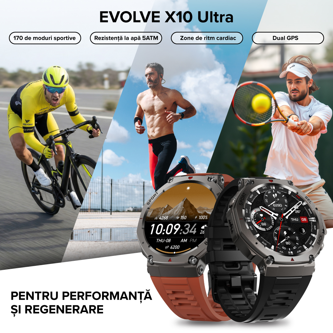 Ceas smartwatch cu ecran AMOLED, sticlă Corning Gorilla Glass, GPS dual, rezistență la apă de 5 ATM, busolă, 170 de moduri sportive și rezistență conform standardului MIL-STD-810H.