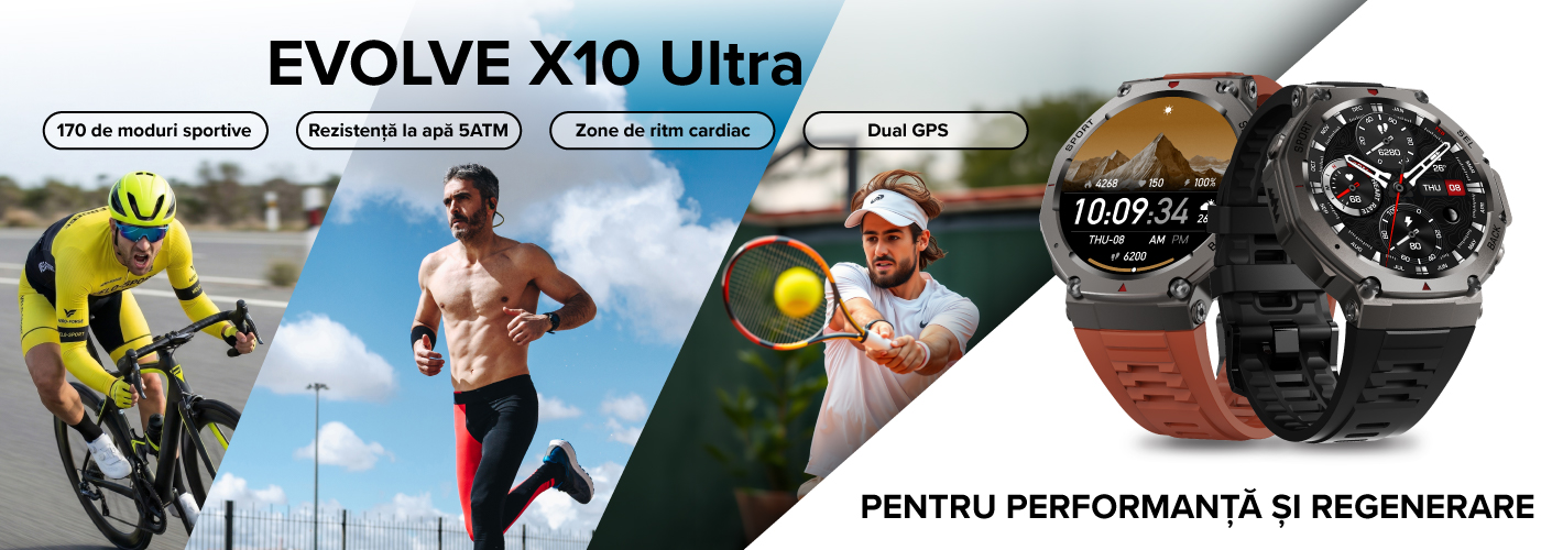 Ceas smartwatch EVOLVE X10 Ultra, ecran AMOLED, apeluri, GPS dual, rezistență IP69K, certificare MIL-STD-810H, sticlă Gorilla Glass, busolă, 170 de moduri sportive