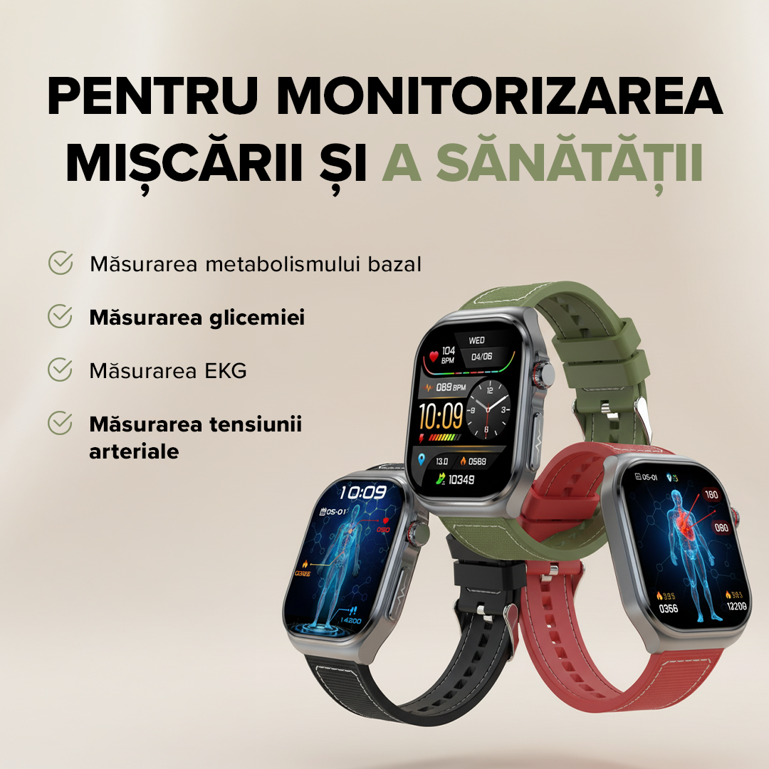 Ceas inteligent Lige HEALTH ET585 Fit, ecran AMOLED, 100 moduri sport, măsurare glicemie, EKG, tensiune arterială, compoziție corporală și parametri ai sângelui