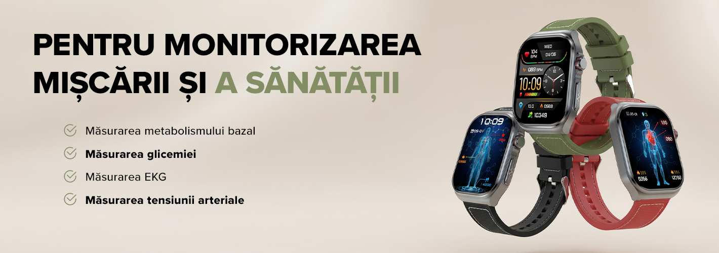 Ceas inteligent Lige HEALTH ET585 Fit, ecran AMOLED, 100 moduri sport, măsurare glicemie, EKG, tensiune arterială, compoziție corporală și parametri ai sângelui